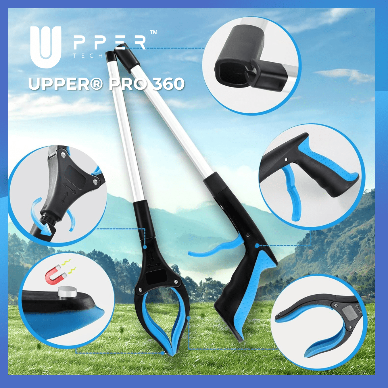 Pinza Recoge Objetos UPPER® PRO 360° — Aluminio Premium, plegable y pinza antideslizante - NUEVA VERSIÓN 2025