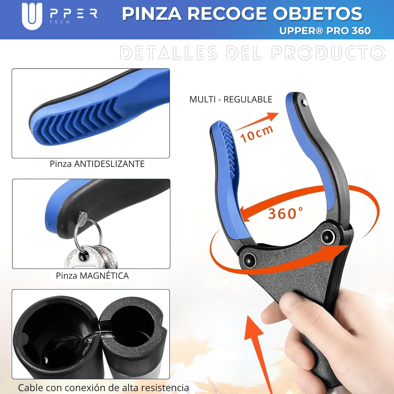 Pinza Recoge Objetos UPPER® PRO 360° — Aluminio Premium, plegable y pinza antideslizante - NUEVA VERSIÓN 2025