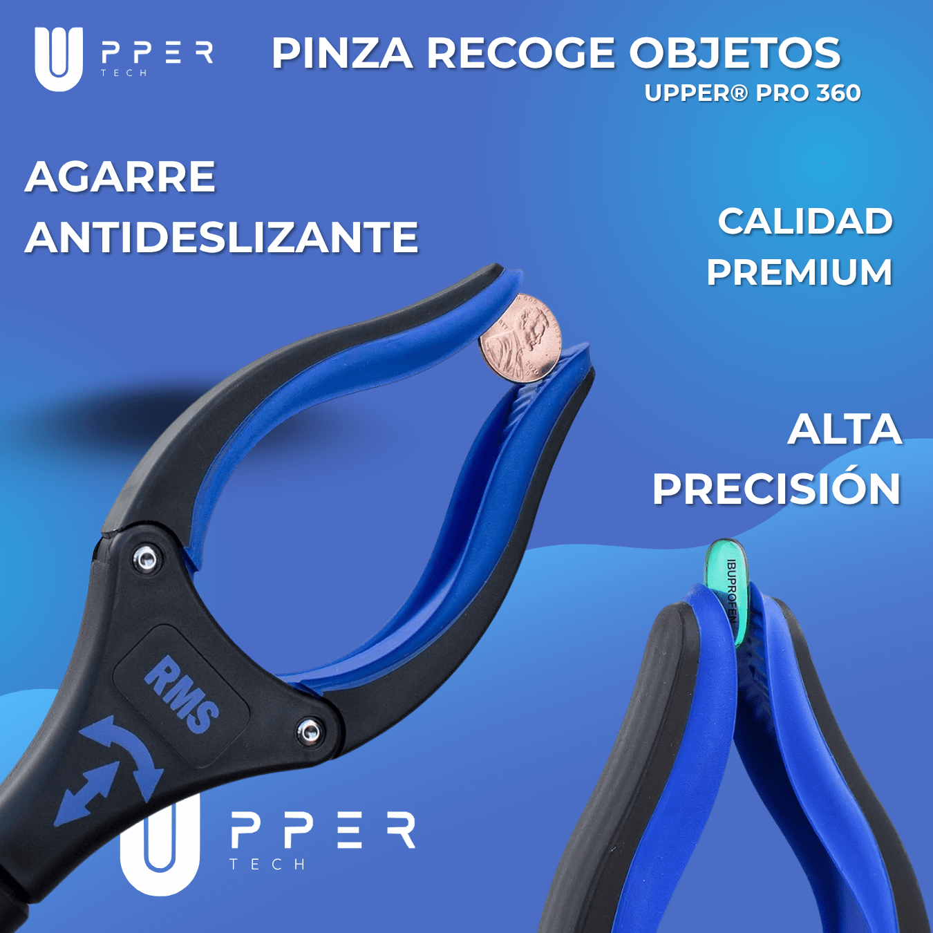 Pinza Recoge Objetos UPPER® PRO 360° — Aluminio Premium, plegable y pinza antideslizante - NUEVA VERSIÓN 2025