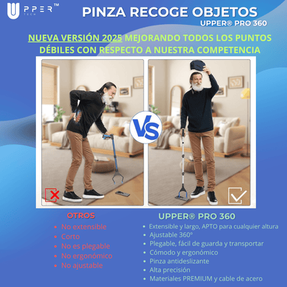 Pinza Recoge Objetos UPPER® PRO 360° — Aluminio Premium, plegable y pinza antideslizante - NUEVA VERSIÓN 2025